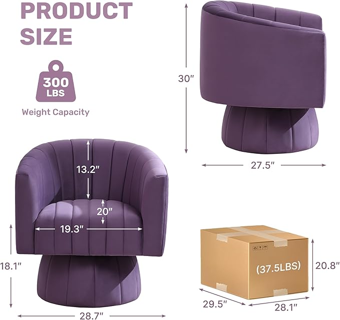 Swivel Accent Barrel Chair Set of 2, Cute Comfy Small Round 360° Arm Chair, Velvet Sofa Club Reading Chair for Living Room Bedroom Office Purple
