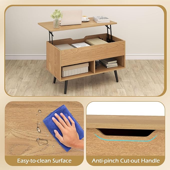 Giantex Lift Top Coffee Table, Modern Cocktail Table w/Hidden Compartment & 2 Open Shelves, Flip Top Center Table, Wooden Pull up Coffee Table for Living Room, Reception Room, Office (Natural)
