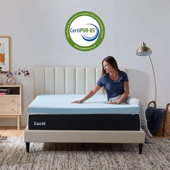 Lucid 3 Inch Memory Foam Mattress Topper, Full Size – Cooling Gel Bed Topper – Preassure-Relieving Deep Plush Feel – Ventilated Breathable Design – CertiPur Certified - Dorm Room Essentials