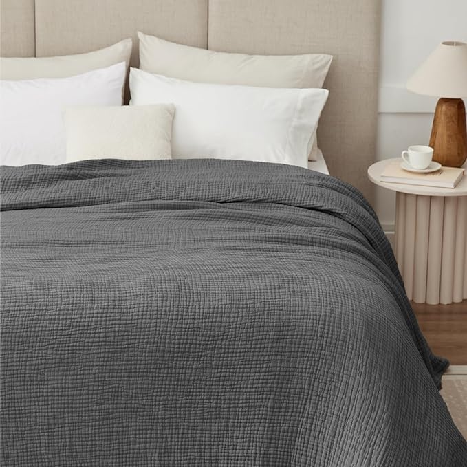 100% Cotton Muslin Blanket King 108" x 90", Breathable and Lightweight Cotton Throw Blankets for Bed, Soft Cooling Summer Gauze Blanket for Adults All Season, Charcoal Grey