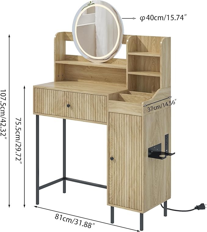 Women Bedroom Furniture Set of 2 Fluted Dresser and Makeup Vanity Desk with Charging Station Wood Dressing Table with 3 Lighting Modes and Accent Fluted Drawer Dresser for Women's Bedroom