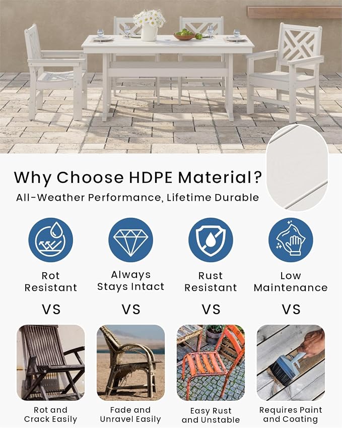 5-Piece Outdoor Dining Set, HDPE All-Weather Patio Table and Chairs Set for 4, Outdoor Patio Furniture Sets with Umbrella Hole for Outside, Deck, Backyard, Garden (White) - Image 3