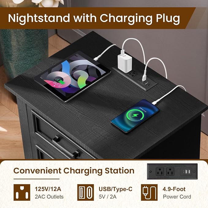 22-Inch Wide Modern Nightstand with Charging Station, End Table with 3 Large Drawers, Simple Design Bedside Table for Bedroom and Office,Black(Single Piece) - Image 3