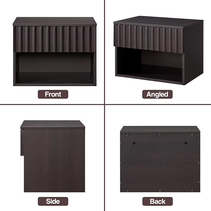 BuildHom Floating Nightstand with Fluted Drawer - Modern Wall Mounted Bedside Table with Open Storage Shelf, Small Night Stand TV Stand for Bedroom(Espresso, Set of 2) - Image 8