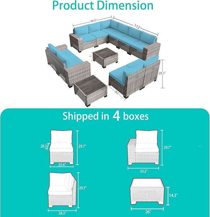 12-Piece Outdoor Patio Furniture Set Wicker Sectional Sofa Set, Patio Conversation Set with Thickened Cushions & Coffee Table for Garden, Backyard, Poolside, Turquoise