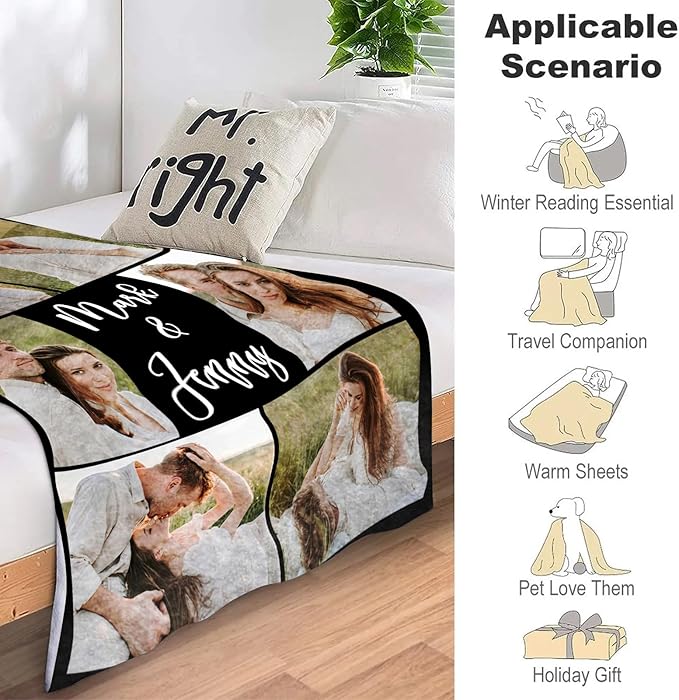 ICELIETE Custom Blanket with Picture Customized Fleece Photo Blanket for Couples Gifts Personalized Blankets and Throws Christmas Valentines Day Gifts for Boyfriend Girlfriend