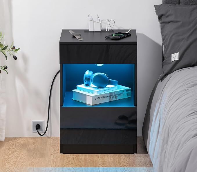 HOMMPA Set of 2 Open Shelf LED Nightstands with Charging Station 2 Drawers Bedside Tables Black Night Stands with Storage Smart Nightstands High Gloss Night Table with Led Light for Bedroom Furniture - Image 8