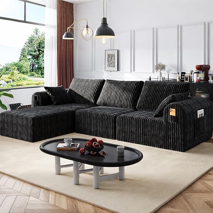 106" Boneless Couches for Living Room, Modular Sectional Sofa, L-Shape Sofa Couches,Cloud Couch Sectional, Comfy Corduroy Sofa, with Deep Seat, No Assembly Required (Black, 3 Seater + 1 Ottoman)
