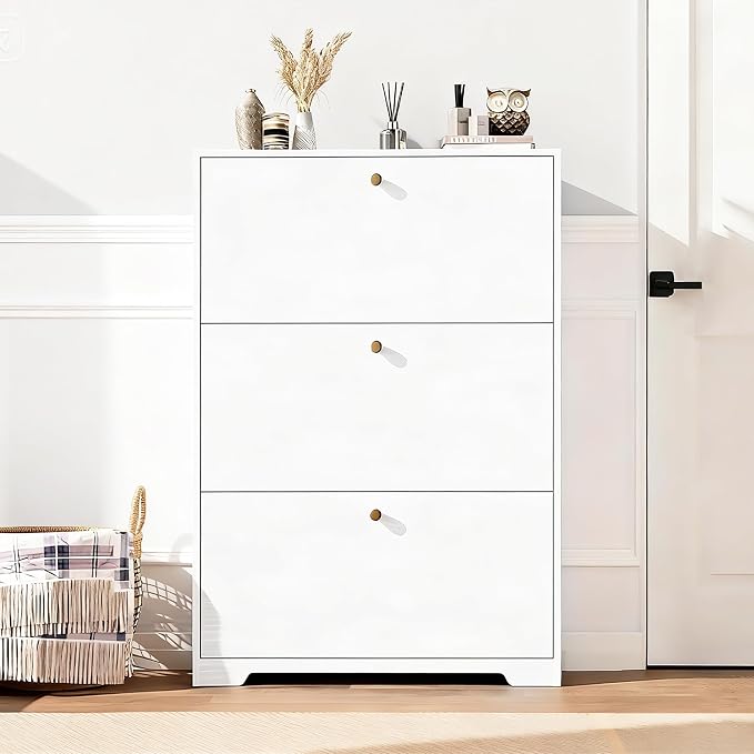 Nicetree Shoe Cabinet with 3 Flip Drawers, Narrow Shoe Organizer Cabinet, Freestanding Shoe Rack Cabinet, Morden Shoe Storage Cabinet for Entryway, Hallway, Foryer, White with Hook - Image 7