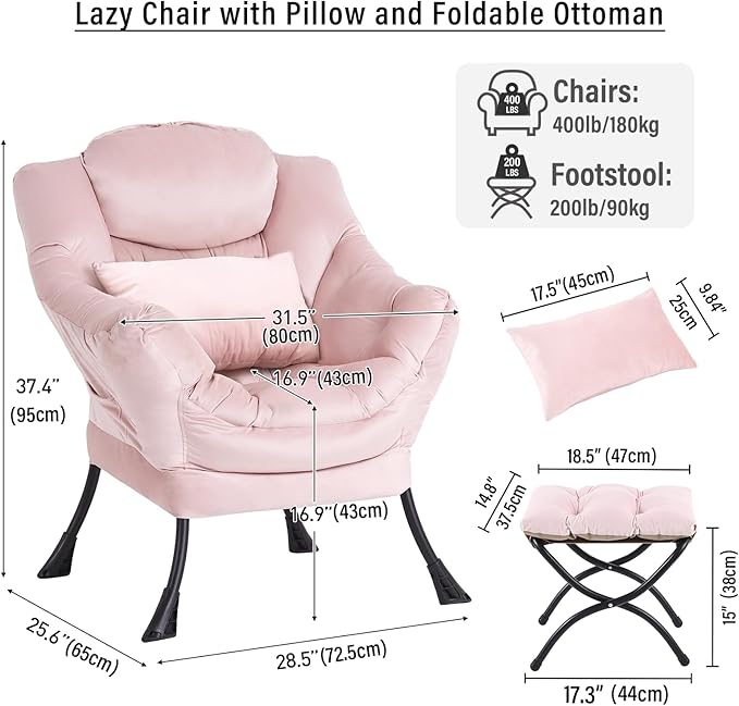 Lazy Chair with Ottoman, Modern Accent Chair with Lumbar Pillow, Velvet Pink Sofa, Armchairs with Folding Footrest, Oversized Supportive Chairs for Bedroom, Reading