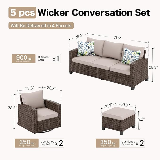 Swivel Glider Patio Furniture Set Outdoor Furniture Brown Wicker Rattan Patio Conversation Sets with Cushion Outside Sofa Set,5 Pieces 7 Seats,Beige