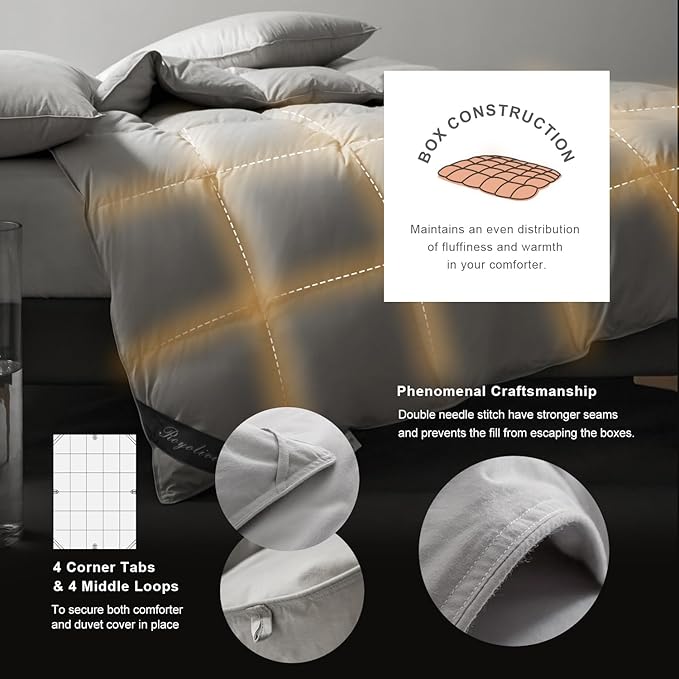 Royoliving Premium Feathers Down Duvet Insert Comforter Queen Size Gray All Season Medium Warmth Grey 100% Cotton Cover with Corner Tabs (90x90, 50 oz)