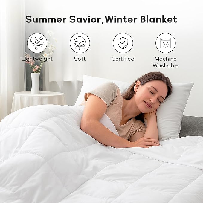 Globon Lightweight Goose Down Comforter Queen Size, Summer Blanket for Hot Sleepers, Soft Noiseless Shell, Breathable Duvet Insert 96x88 inch White
