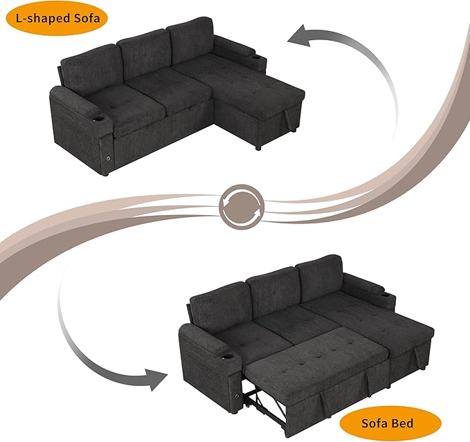 Eafurn 83.5" Sleeper Sectional Sofa with Pull Out Couch Bed, Convertible L-Shaped Sofa with Storage Chaise, Quick Assemble Sleeper Corner Sofa with Cup Holders & USB Ports