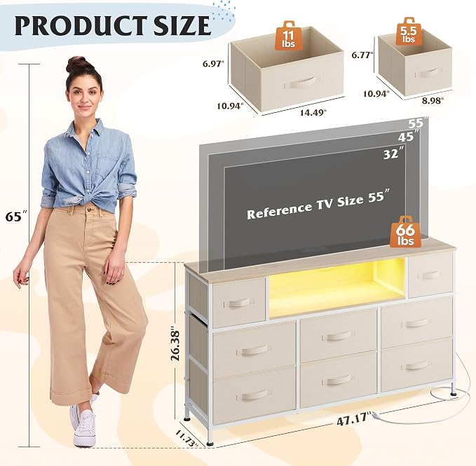 WLIVE Dresser TV Stand for 45, 50, 55 inch TV, Entertainment Center with LED Lights & Charging Station, Chest of Drawers with 8 Fabric Drawers and Open Shelves for Living Room, Hallway, Cream White - Image 2