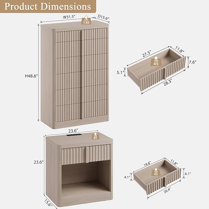 Fluted Dresser and Nightstand 3-Piece Bedroom Set, 49" Tall 6-Drawer Dresser and 2 of Nightstands with Charging Station, Curved Profile Design, Modern Bedroom Dressers Sets, White Alder