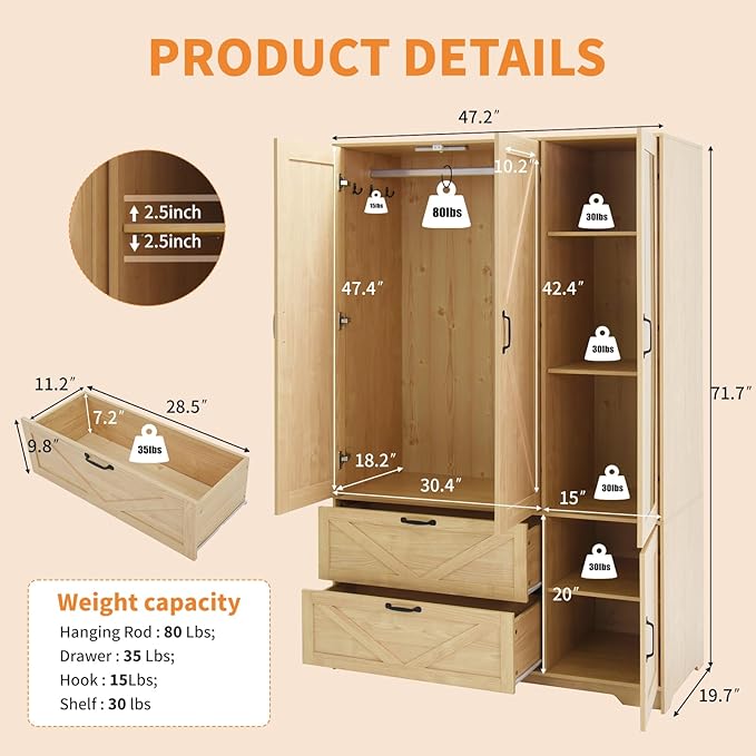 Armoire Wardrobe Closet, 72'' Wardrobe Cabinet with 2 Drawers & Mirror, 3 Doors Bedroom Clothes Closet with Hanging Rod & Built-in Light, Wooden Wardrobe Cabinet with Adjustable Shelf for Bedroom