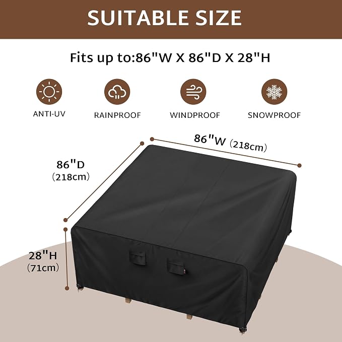 iBirdie Outdoor Patio Furniture Set Covers 86 x 86 inch Waterproof Weatherproof Square Cover, Heavy Duty 600D for Outside Dining Table and Chairs fit 7 x 7 ft, 85 x 83, 84 x 84 inch - Image 2