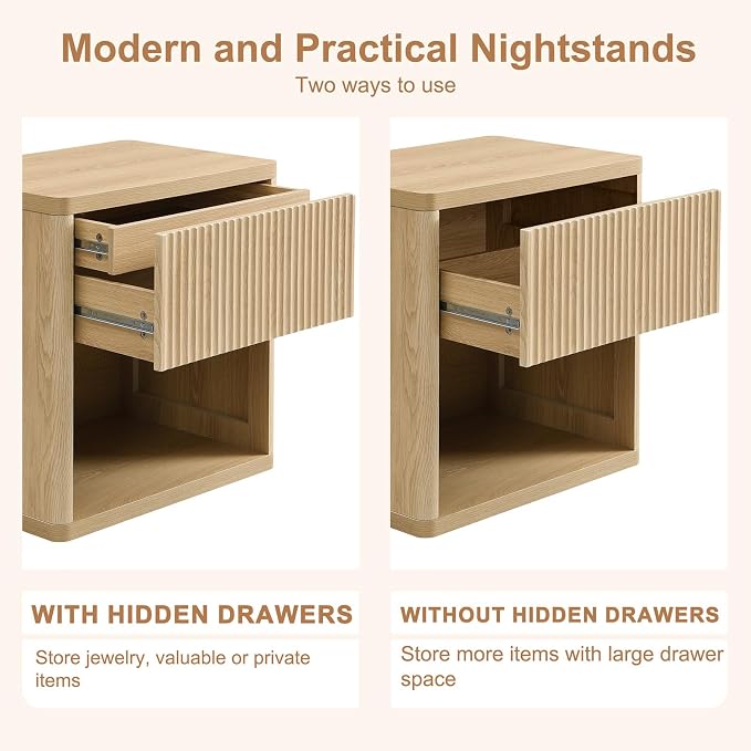 XIAO WEI Set of 2 Natural Wood Fluted Nightstands with Hidden Drawer, 22.8" Wide Mid Century Modern Bedside Table with Open Shelf, Large Accent End Table, Curved Safety Design - Image 7