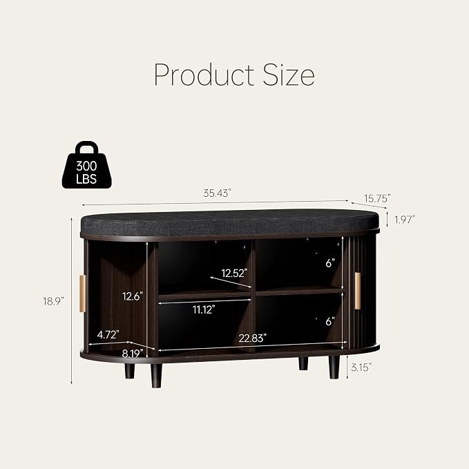 DHH 2-Tier Storage Bench,Wide Shoe Bench with Thickened Padded Seat Cushion, Mid Century Modern Fluted Sliding Door and Adjustable Shelf, for Entryway, Living Room, Bedroom (Dark Walnut, 35.4“) - Image 2