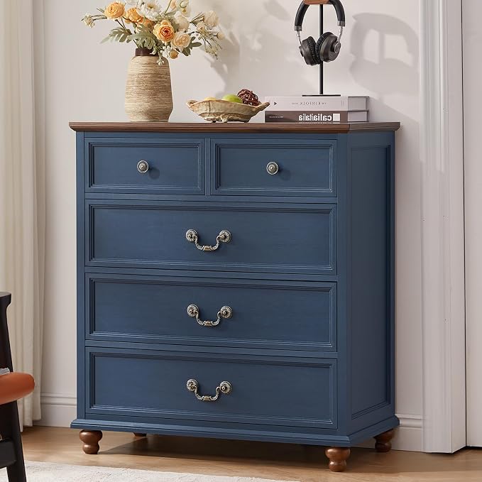 Joaxswe Farmhouse 5 Drawer Dresser Set of 2 for Bedroom, 35" Tall Rustic Chests of Drawers w/ 4 Solid Wood Feet, Mid Century Vintage Wooden Closet Storage Dressers Organizer for Living Room, Blue - Image 9