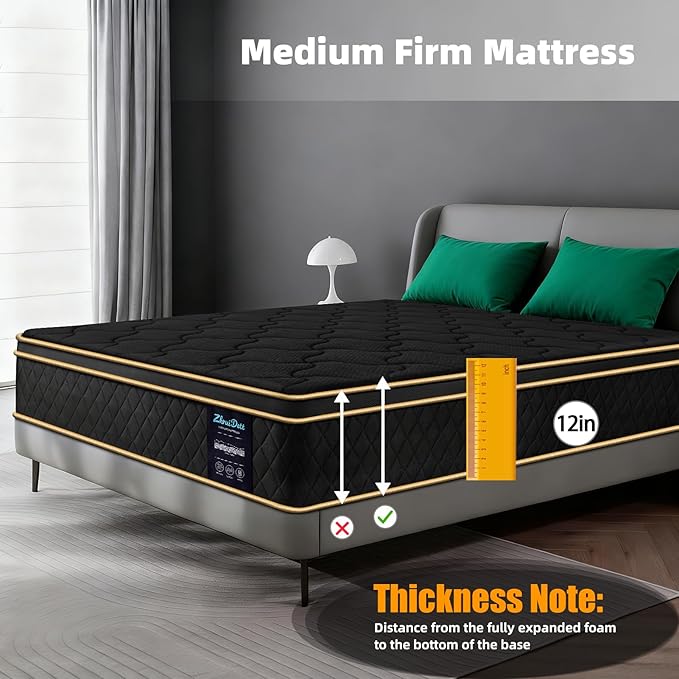 Queen Mattress 12 Inch Queen Size Medium Firm Hybrid Mattress Memory Foam Pocket Steel Springs Matress in a Box for All Sleep Positions Motion Isolation Ensure Comfortable Sleep (Black, Queen 12 INCH)