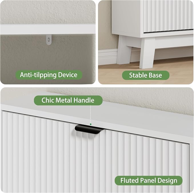 Xixini Shoe Cabinet with 3 Flip Drawers, 54" Tall Narrow Fluted Shoe Storage Organizer for Entryway, Hidden Wooden Shoe Rack with Adjustable Side Cabinet for Front Door Entrance, Hallway, Solid White - Image 4