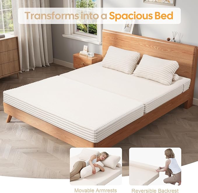 MeMoreCool Convertible Sofa Bed, Folding Floor Couch Bed Queen, Pull Out Sleeper Couch with Pillows, Fold Out Futon Sofa for Bedroom Living Room Small Space, Corduroy Beige