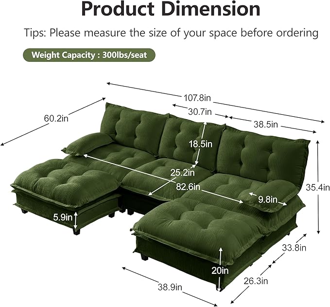 108" U Shaped Modular Sectional Sofa Couches for Living Room, Cloud Couch with Movable Ottomans, Comfy Chenille Sofa with Pillow-top Armrest for Bedroom Apartment | Free Combination, Tufted