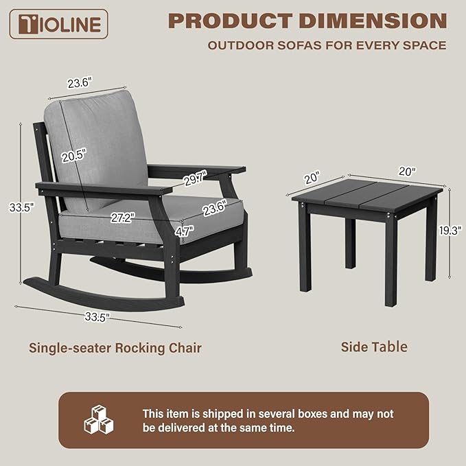 HDPE Patio Conversation Set, 3-Piece All Weather Outdoor Furniture Set with 2 Rocking Sofas for Deck, Lawn, with Cushion, Black