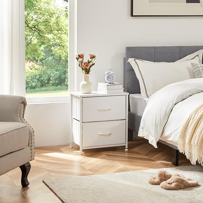 Simple Deluxe Nightstand 2 Drawers Dresser for Bedroom, 3-Tier Bedside Table with Fabric Bins, End Table for Living Room, Wood top Load-Bearing up to 44 lb, White