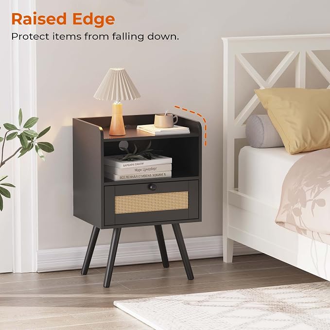 SUPERJARE Nightstands with Charging Station, Bedside Table Set of 2 with PE Rattan Drawers, Rattan Side Table with Storage & Solid Wood Feet, End Table for Bedroom, Black - Image 4