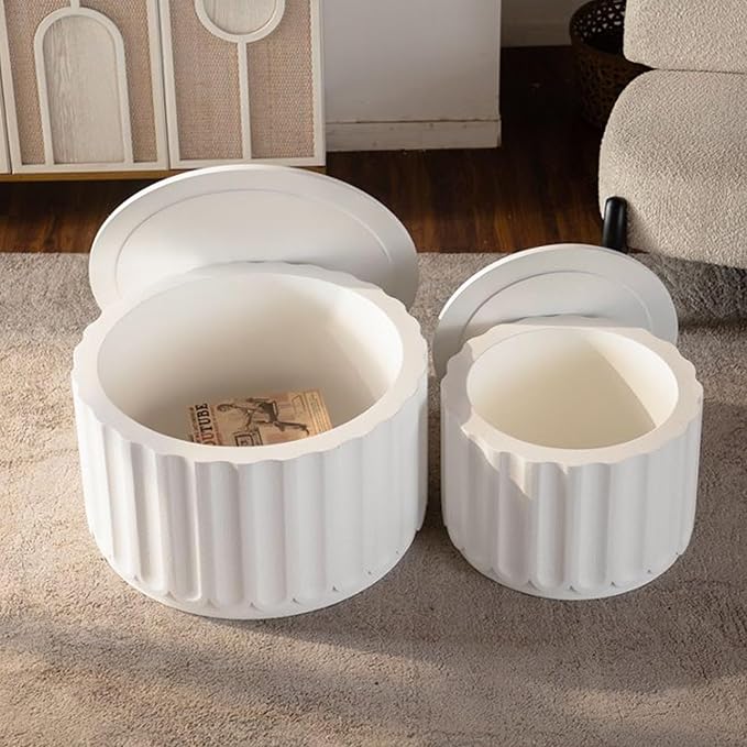 kevinplus 46.46'' White Round Coffee Table Set of 2 with Storage Space & Lift-Off Lid, Modern Circle Fluted Drum Nesting Coffee Table for Living Room, No Assembly, White