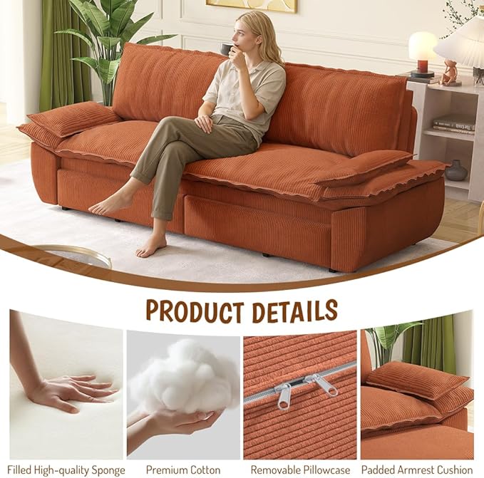 KEIKI 73.2" Queen Convertible Sofa Bed, 3-in-1 Corduroy Pull-Out Sleeper Loveseat Couch with Chaise Lounge Comfort, Modern Futon Sofa for Home Theater, Apartments, Studios & Small Living Spaces