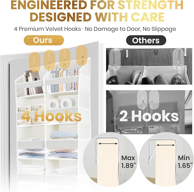 HOMELUX THEORY UPGRADED 6 Tiers Over The Door Organizer Hanging - 100D EXTRA THICK & 50lbs HUGE CAPACITY, 12 Side Mesh Pockets Over The Door Shoe Organizer, Hanging Closet Organizer (Light Gray, XL) - Image 3