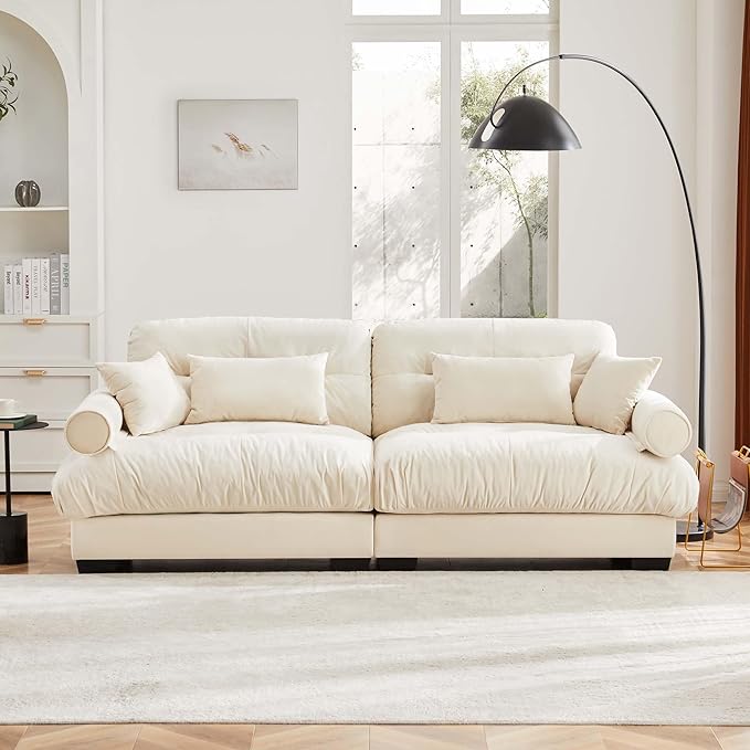 KEIKI 94" Oversized Velvet Modular Sectional Loveseat Sofa with High-Density Foam Cushions and Bolstered Armrests, Upholstered Modern Style 2-Seater Cloud Couch with 4 Pillow, for Living Room, Cream