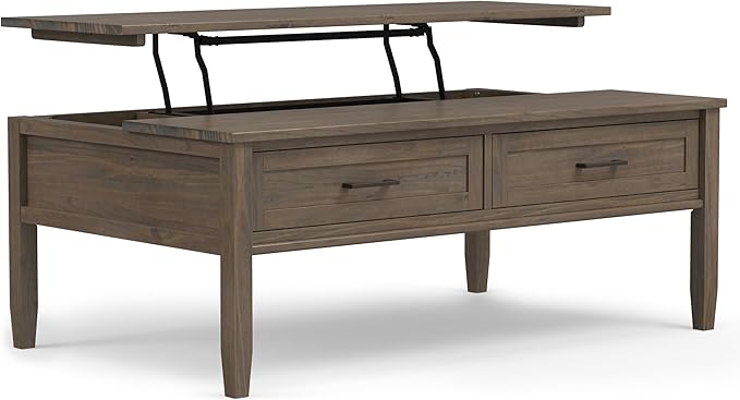 SIMPLIHOME Ela SOLID WOOD 48 Inch Wide Rectangle Transitional Lift Top Coffee Table in Smoky Brown, For the Living Room and Family Room