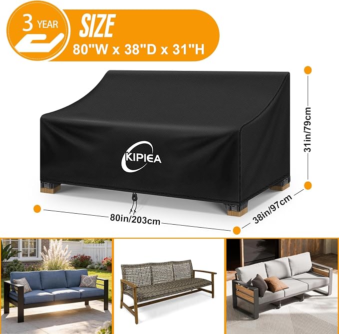 Kipiea Patio Sofa Cover, Heavy Duty Outdoor Couch Covers Waterproof Winter, 3-Seat Patio Furniture Cover Loveseat, Outdoor Sofa Covers with Anti UV and No Tears, No Fading (80"W x 38"D x 31"H) - Image 2