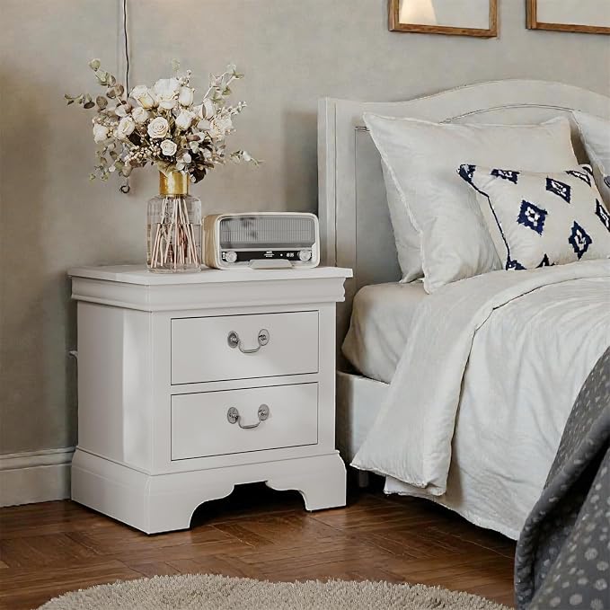Henf Nightstand with 2 Drawers Traditional Side Table for Small Space, Bedside Table with Metal Ring Handle, Small Wooden Night Stand for Bedroom Furniture, White by Henf