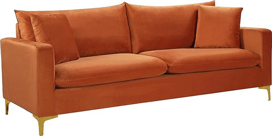 Meridian Furniture 633Cognac-S Naomi Collection Modern | Contemporary Velvet Upholstered Sofa with Deep Channel Tufting and Rich Gold Stainless Steel Legs, Cognac, 81.5" W x 33.5" D x 30" H
