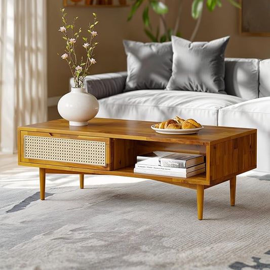 Bme Oliver Solid Wood Coffee Table with Rattan Accent – 2 Drawers and Open Shelf, Mid Century Storage Table with Adjustable Legs – Caramel