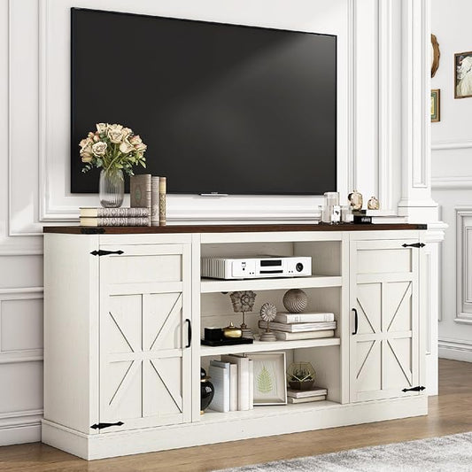 Hlivelood 66" Farmhouse TV Stand with Power Outlets for 75 Inch TVs, 33" Tall Entertainment Center with Storage Cabinets w/Adjustable Shelves, Rustic Large TV Media Console, Rustic White by Hlivelood