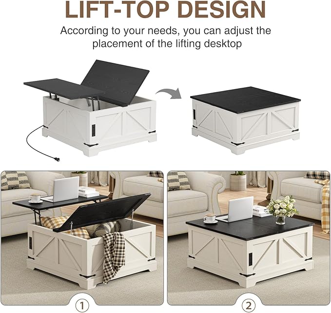 Coffee Table with Storage, Farmhouse Lift Top Wood Square Center Table with Charging Station, Rustic Cocktail Tables with Flip Top Lids for Living Room, Home Office, 35.4" W, White