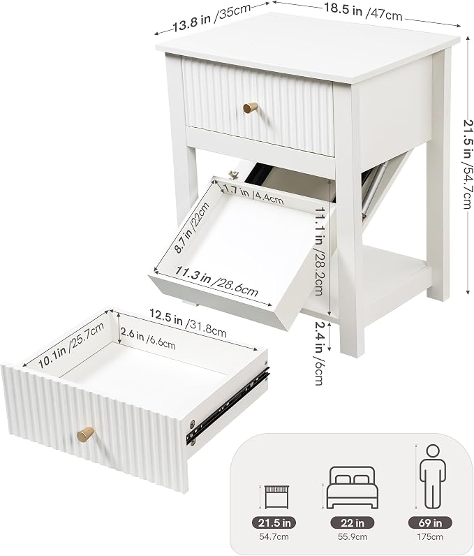 Night Stand with Gun Drawer, White Wood Bedside Table, Modern Farmhouse Side Table Bedroom Gun Safe with Hidden Compartment, Handgun Safe for Nightstands Simple Aesthetic End Table - Image 2