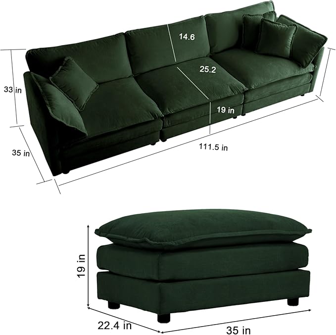 KEIKI Combination Sofa, Upholstered 3 Seater Couch, Oversized L Shaped Sectional Sofa with Reversible Ottoman for Living Room Bedroom Office, Green