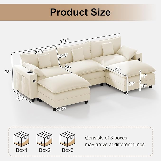 116" Modular Sectional Sofa, U Shaped Cloud Couch with Movable Ottoman, Chenille Deep Seat Cloud Sofa with Charging Station, Cup Holder, Side Pocket, Sectional Couches for Living Room, Beige