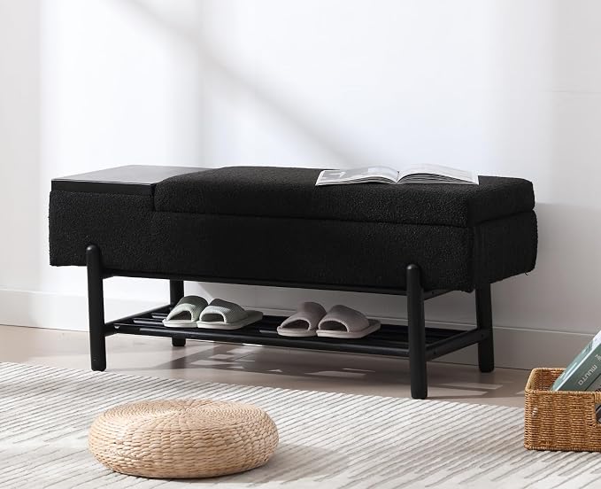 Shunzhi Modern Entryway Storage Bench, Upholstered Shoe Ottoman Bench, Sherpa Flip-Top End of Bed Bench with Wood Shelf/Coffee Table for Living Room/Bedroom/Hallway/Under Window,46.5 Inches,Black Fur by Shunzhi