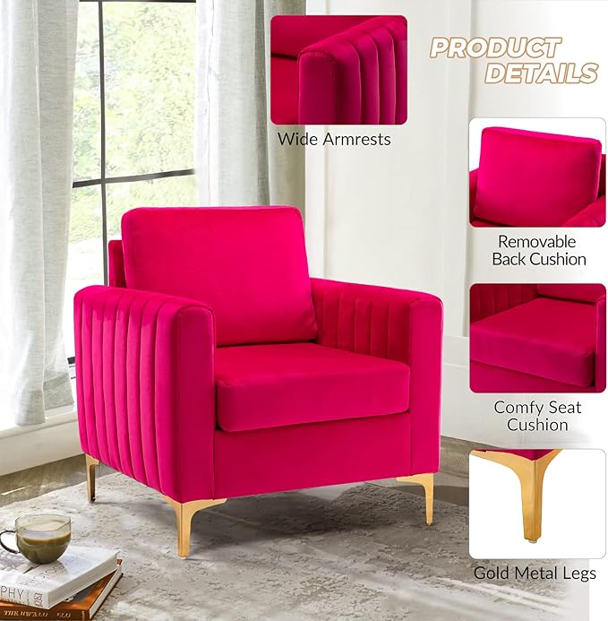 HULALA HOME Velvet Accent Club Chair, Modern Velvet Armchair with Gold Metal Legs Upholstered Barrel Leisure & Reading Armchair, Fuchsia