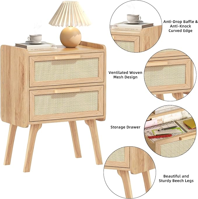 Lerliuo Rattan Nightstands Set of 2, Boho Night Stand with 2 Drawers, Cane Accent Side End Table, Bedside Table with Solid Wood Legs for Bedroom, Dorm and Small Spaces (Natural) - Image 8