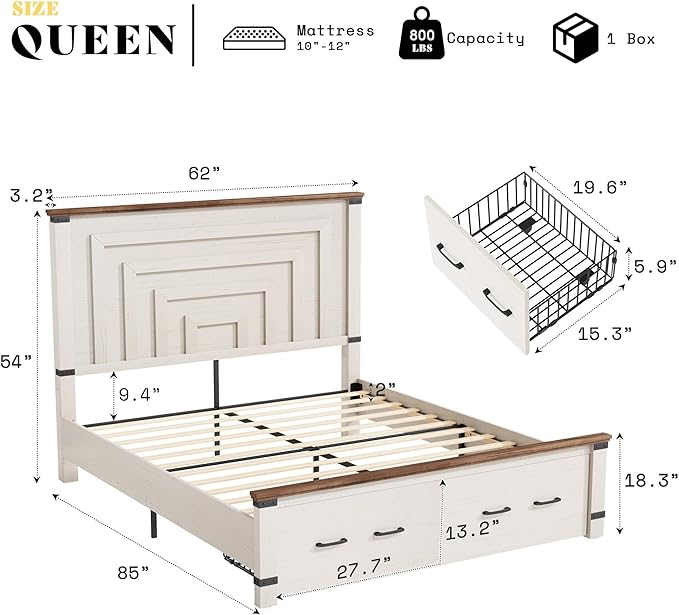 AMERLIFE 5-Piece Farmhouse Bedroom Set, Rustic Wood Queen Bed Frame with 54" Tall Headboard, 6-Drawer Dresser Chest, 5-Drawer Tall Chest, Nightstands Set of 2 with Charging Station, White